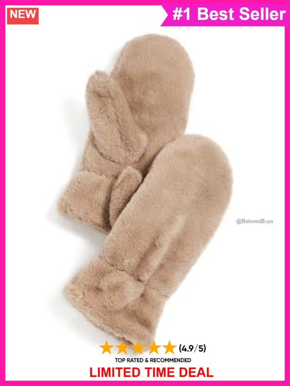 Faux Fur Mittens with Elastic Cuffs, One Size, Casual Style